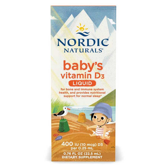 A Supplement container with the name Baby's Vitamin D3 Liquid by Nordic Naturals.