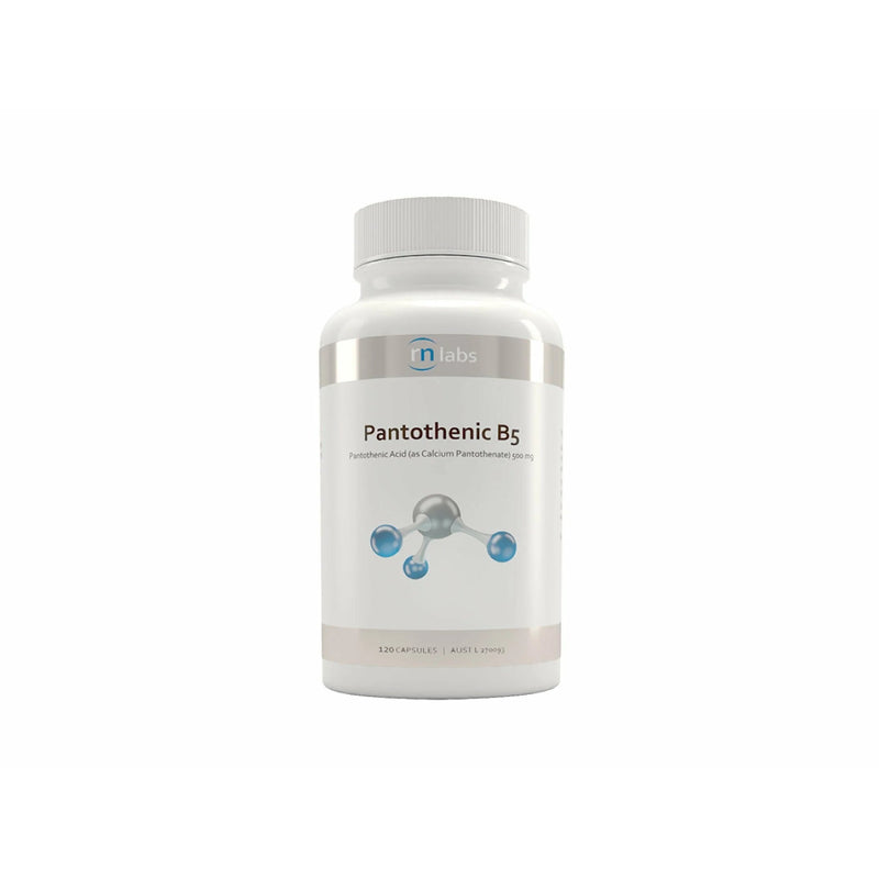 image of a white supplement bottle that says pantothenic B5 Pantothenic Acid (as Calcium Pantothenate) 500mg 120 Capsules 