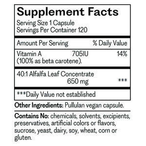 Supplement facts for pH QuintessencePRO 120c listing ingredients including Beta carotene, Vitamin A