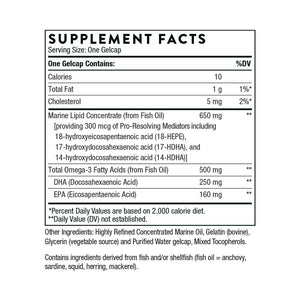 Supplement facts for Pro-Resolving Mediators 60gc listing ingredients including 18-Hydroxyeicosapentaenoic Acid, Active Fractionated Marine Lipid Concentrate, DHA, Docosahexaenoic Acid, EPA