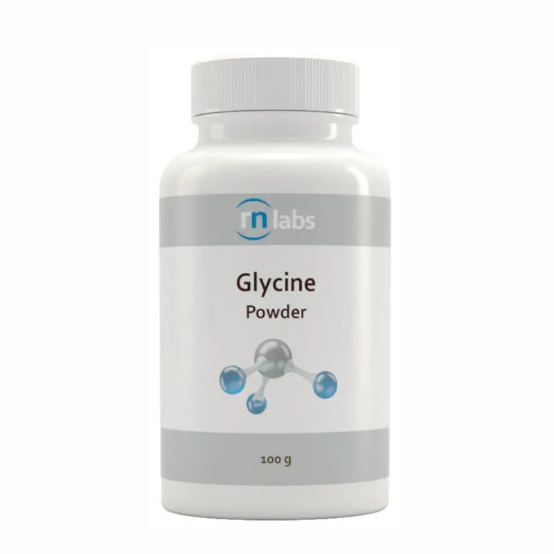 Image of a white supplement bottle that says rn labs glycine powder 100g 
