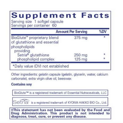 Ingredients:  BioGlute proprietary blend of glutathione and essential phospholipids, providing 250mg Setria glutathione and 125mg phospholipids complex 