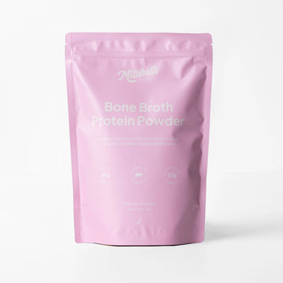 A Supplement pouch with the name Bone Broth Protein Powder  (Strawberry) by Mitchell's Nutrition

