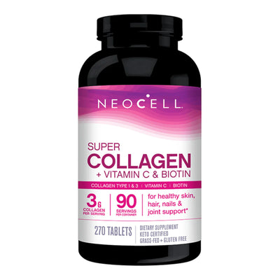 Image of a black supplement bottle that says Neocell super collagen +Vitamin C and Biotin collagen type 1 & 3 Vitamin C biotin 3g collagen per serving 90 servings per container for healthy skin, hair, nails and joint support. 270 tablets dietary supplement keto certified grass fed and gluten free