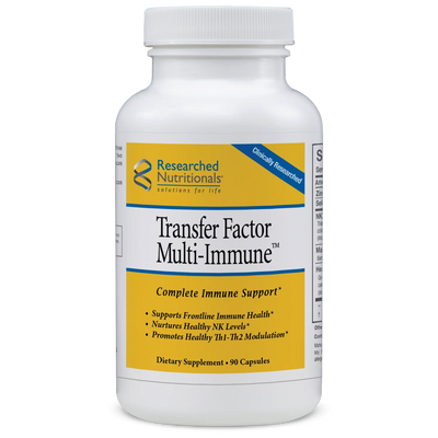 A supplement bottle with a yellow label called Transfer Factor Multi-Immune by Research Nutritionals