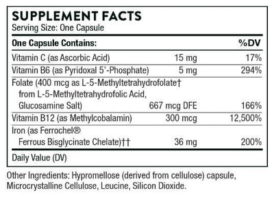 Ingredients including Vitamin C, Ascorbic acid, Vitamin B6, Pyridoxal 5 Phosphate, Folate, Methyltetrahydrofolate, l5mhfr, Vitamin B12, Methylcobalamin, Iron, Ferrochel, Ferrous Bisglycinate chelate.