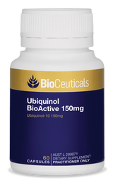 BioCeuticals product bottle image Ubiquinol Bioactive 150mg 60caps. Blue and gold label.