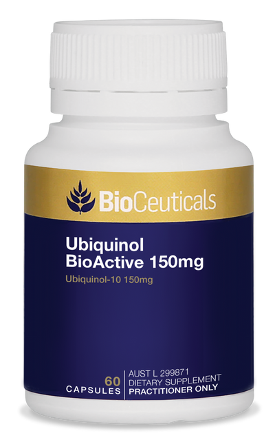 BioCeuticals product bottle image Ubiquinol Bioactive 150mg 60caps. Blue and gold label.