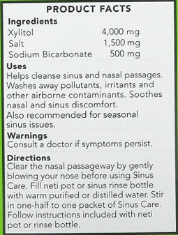 Supplement facts for Sinus Rinse Solution Refills 50 packets listing ingredients including Sodium bicarbonate, Xylitol