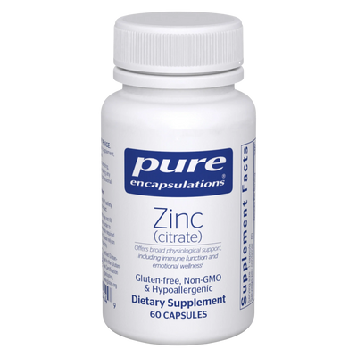 A Supplement container with the name Zinc Citrate by Pure Encapsulations.