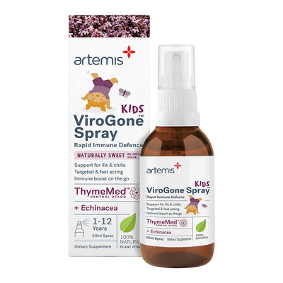 A Supplement container with the name Kids ViroGone Spray (50mls) by Artemis.  