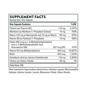 Ingredients including Thiamin, Thiamin HCI, Riboflavin, Riboflavin 5-phosphate sodium, Niacin, Niacinamide, Niacin, Vitamin B6, P5P, Pyridoxal 5 Phosphate, Folate, Methyltetrahydrofolate, Glucosamine Salt, Vitamin B12, Methylcobalamin, Biotin, Pantothenic Acid, Calcium Pantothenate, Choline citrate.