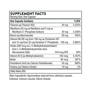 Ingredients including Thiamin, Thiamin HCI, Riboflavin, 5-phosphate Sodium, Niacin, Niacinamide, Vitamin B6, P5P, Pyridoxine HCI, Pyridoxal 5-Phospate, Folate, Methyltetrahydrofolate, L-5-Methytetrahydrofolic acid, Glucosamine Salt, Vitamin B12, Methylcobalamin, Biotin, Pantothenic acid, Calcium Patothenate, Choline Citrate.