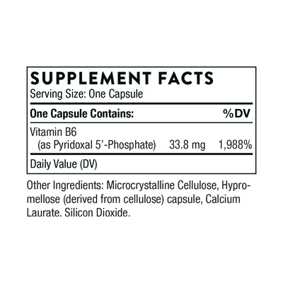 Ingredients including Vitamin B6, Pyridoxal 5 Phosphate, P5P.