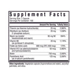 Ingredients including Thiamin, thiamine hydrochloride, Riboflavin 5 phosphate sodium, Niacin, inositol hexanicotinate, Niacin, Vitamin B6, P5P, Pyridoxal  phosphate, Folate, Folinic acid, Vitamin B12, Adenosylcobalamin, Hydroxycobalamin, Biotin, Pantithenic acid, D-calcium pantothenate.