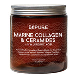 Image of a brown bottle that says bepure marine collagen and ceramides + hyaluronic acid Scientifically formulated beauty blend for total skin support with Naticol Marine Collagen Peptides, Hydropeach ceramides and Hyaluronic acid. 