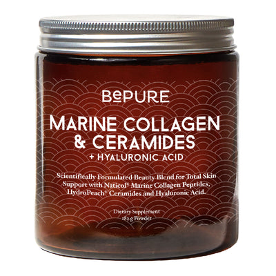 Image of a brown bottle that says bepure marine collagen and ceramides + hyaluronic acid Scientifically formulated beauty blend for total skin support with Naticol Marine Collagen Peptides, Hydropeach ceramides and Hyaluronic acid. 