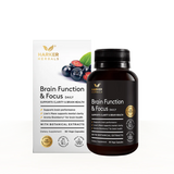 Image of a white supplement box package which says harker herbals brain function and focus daily supports clarity and brain health supports brain performance lions mane supports mental clarity aronia brainberry for brain health with botanical xtracts dietary supplement 90 vege capsules 