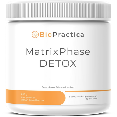 A Supplement container with the name MatrixPhase Detox by Bio Practica.