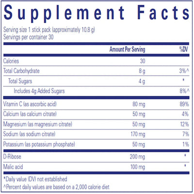 Text describing the Ingredient: Vitamin C, Calcium, Magnesium,  Sodium, Potassium, D-Ribose, Malic acid.