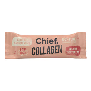 A Single Chief Collagen bar (Cashew Shortbread 45g) by Chief Nutrition.