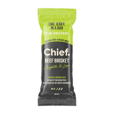 A Supplement bar with the name Chief Beef Brisket (Chipotle & Lime) by Chief Nutrition