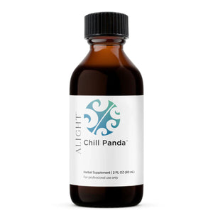 Image of a white supplement bottle that says alright chill panda herbal supplement 2FL OZ (60mL) For professional use only 