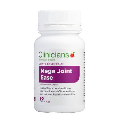 A Supplement container with the name Mega Joint Ease by Clinicians.
