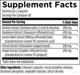 Text describing the ingredients: Gentian Extract, Dandelion Extract, Lemon Balm Extract, Fennel Extract, Ginger Extract, Cellulose (capsule), microcrystalline cellulose, dicalcium phosphate, vegetable stearate, silicon dioxide 