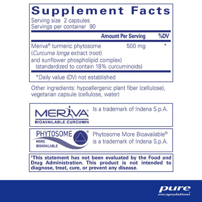 Ingredients: Meriva turmeric phytosome (Curcuma longa extract (root) and sunflower phospholipid complex) (standardized to contain 18% curcuminoid)
