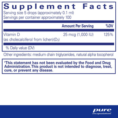 Text describing the ingredients: Vitamin D (as cholecalciferol from lichen) (D3) 25mcg (1,000IU) .