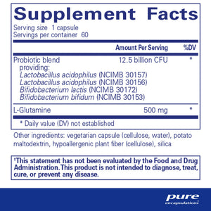Text describing the ingredients: Probiotic Blend providing: Lactobacillus acidophilus (NCIMB 30157, 30156) Bifidobacterium lactis (NCIMB 30172), Bifidobacterium bifidum (NCIMB 30153), L-Glutamine.