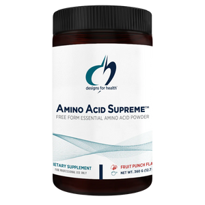 A supplement white supplement container that says designs for health amino acid supreme ree form essential amino acid powder dietary supplement fruit punch flavour 
