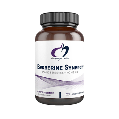 Image of white supplement bottle that says designs for health Berberine Synergy 400mg berberine+100mg ALA
