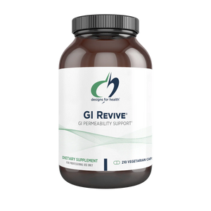 Image of a white supplement bottle which says designs for health GI Revive GI Permeability support dietary supplement 210 Vegetarian Caps 