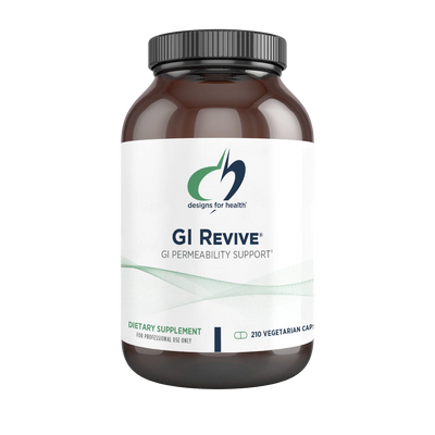 Image of a white supplement bottle which says designs for health GI Revive GI Permeability support dietary supplement 210 Vegetarian Caps 