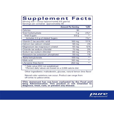 Ingredients: Vitamin C, Calcium, Magnesium, Chloride, Sodium, Potassium, Alpha ketoglutarate, Malic acid, L-Tyrosine.