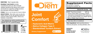 Supplement facts for Joint Comfort 60c +++ listing ingredients including Ascorbyl Palmitate, Calcium phosphate, Collagen, Collodial Anhydrous Silica, Curcumin