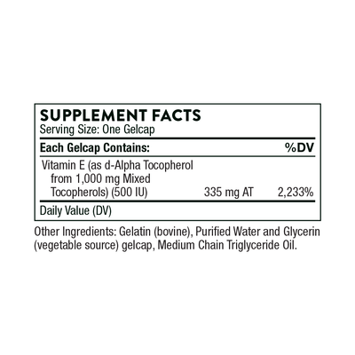 Ingredients including Vitamin E, D-Alpha Tocopherol, Mixed Tocopherols.