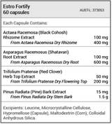 Text describing the Ingredients: Actaea Racemosa(Black Cohosh) Rhizome Extract, Asparagus Racemosa (shatavan) Root Extract, Trifolium Pratense (red Clover) Herb Top Extract, Pinus Radiata (pine) Bark extract.