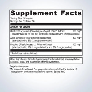 Includes the ingredients including Corcyceps, Mycelium,Asian Ginseng, Rhodola 