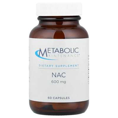 A Supplement container with the name NAC 600mg by Metabolic Maintenance.