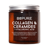A Supplement container with the name Collagen & Ceramides +  Hyaluronic Acid by BePure.