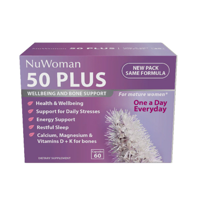 A Supplement container with the name 50 Plus Wellbing and Bone Support (60 Caps) by NuWoman.