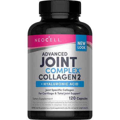 Image of a black supplement bottle that says neocell advanced joint complex collagen 2 + hyaluronic acid joint specific collagen for cartilage and total joint support dietary supplement 120 capsules 