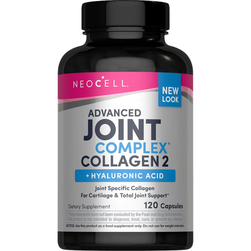 Image of a black supplement bottle that says neocell advanced joint complex collagen 2 + hyaluronic acid joint specific collagen for cartilage and total joint support dietary supplement 120 capsules 