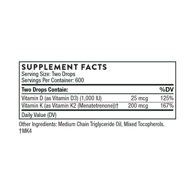 Ingredients including Vitamin D, D3, Vitamin K, K2, Menatetrenone.