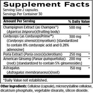 Text listing the ingredients including Champignon, Champex, Agaricus bisporus, Cordyceps sinensis, mycelium, Poria cocos, Sclerotium, American Ginsing, Panax quinquefolius, Gensenosides, Astragalus membranaceus, cellulose capsule, microcrystalline cellulose, dicalcium phosphate, vegetable sterate, silicon dioxide