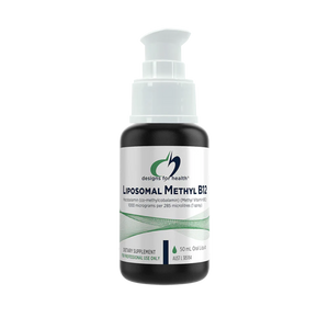 A white suppelment bottle that says designs for health liposomal methyl b12 50ml oral liquid 