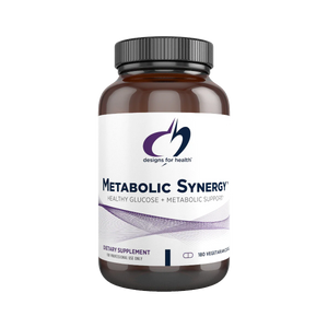Iage of a white supplement bottle which says metabolic synergy healthy glucose + Metabolic support dietary supplement 180 vegetarian caps